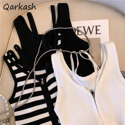 Women Tanks Cropped Zipper Vintage Summer Striped Holiday Highstreet Spicy Girls Slim Strap Japanese Style Slouchy Commuting Y2k