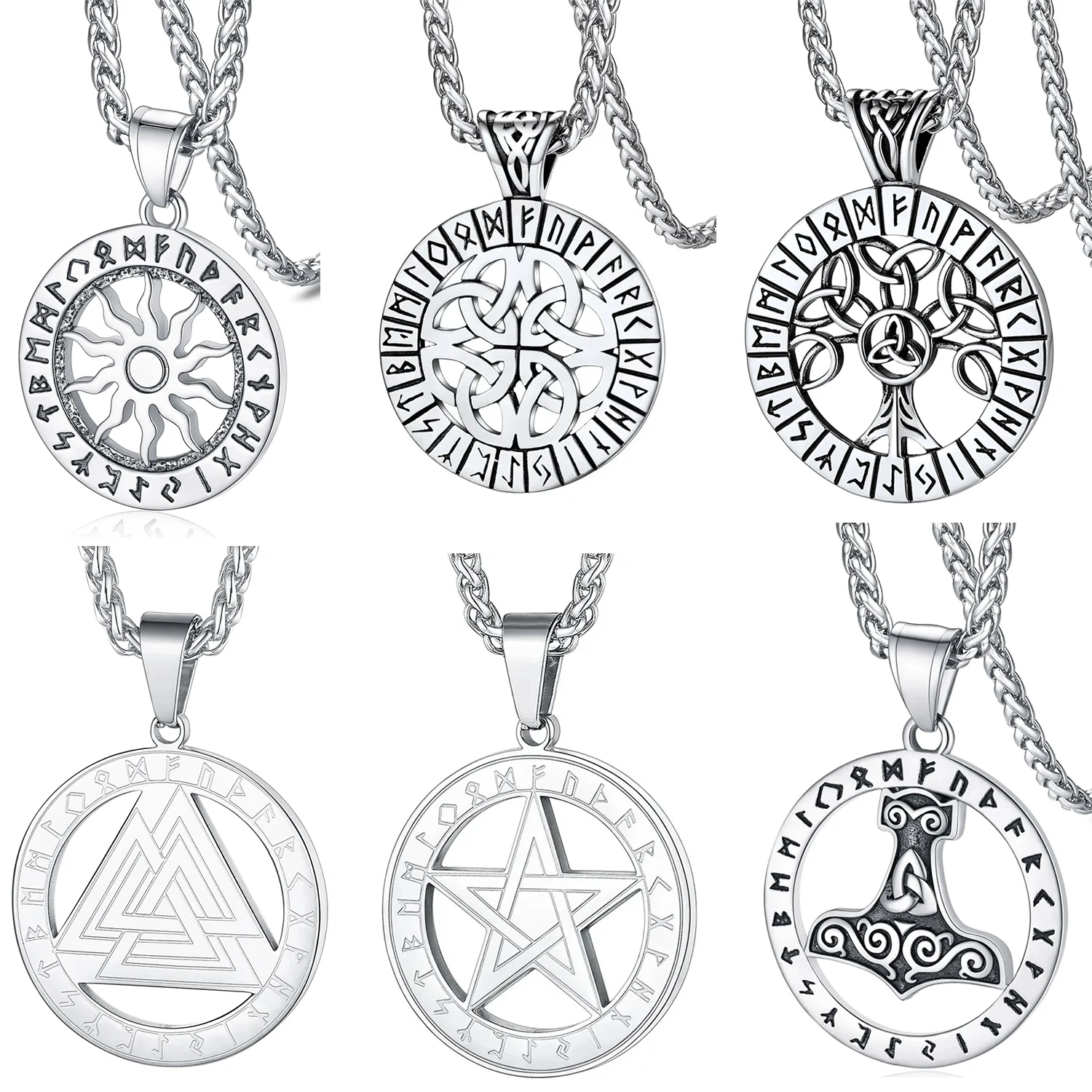 U7 Stainless Steel Nordic Viking Rune Necklaces for Men Woman Norse Mythology Power Symbol Runic Sun Valknut Hammer Jewelry Gift