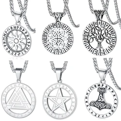 U7 Stainless Steel Nordic Viking Rune Necklaces for Men Woman Norse Mythology Power Symbol Runic Sun Valknut Hammer Jewelry Gift