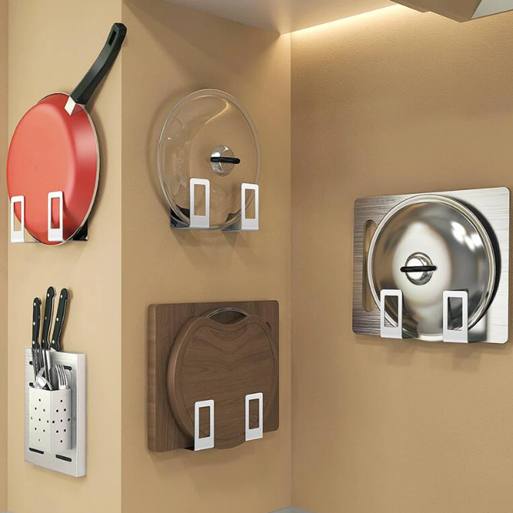 

4 pcs Stainless Steel Pot Lid Storage Rack 2 Pair Silver Black Wall Mounted Kitchen Lid Holder Screws Install Support Stand For