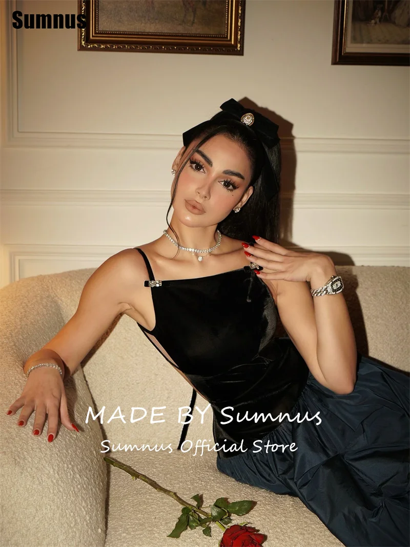 Sumnus elegante a linha vestido de baile veludo preto cinta espaguete midi formal vestido de noite gala robes de soirée personalizado