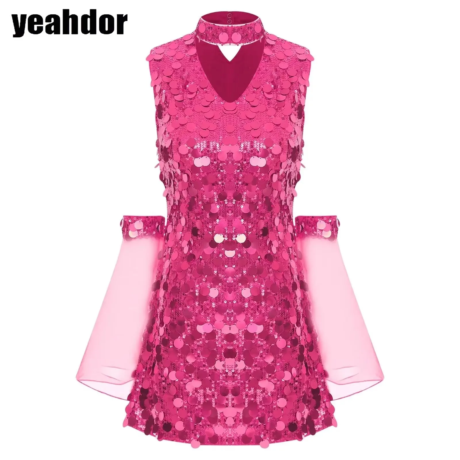 

Halloween Women 70s Disco Hippie Costume Sleeveless Sequin Disco Diva Dancing Dress Mini Dress with Mesh Flare Sleeve Outfits