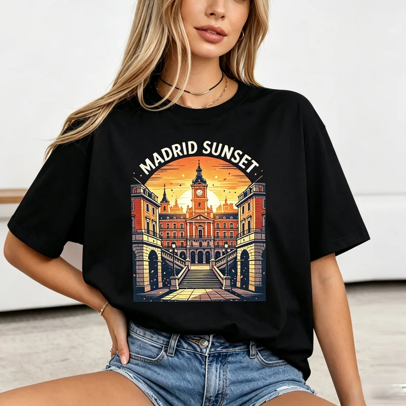 Madrid Sunset Summer T Shirt Vintage Travel Souvenir Graphic Print Casual Streetwear Short Sleeve Tops for Women Holiday Gift