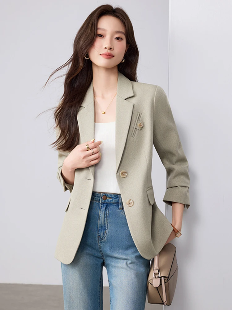 Women's Casual Green Suit Jacket 2025 Autumn Winter New Style Slim Fit High Polyester Fiber Long Sleeve Single Button Closure