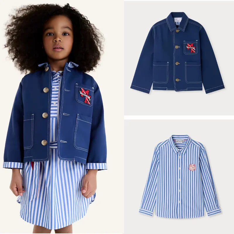 Girls Denim Coat Fall Winter 2026 New Fashion Dark Blue Boys Girls Jacket Cotton Lapel Blue and White Striped Long Sleeve Shirt