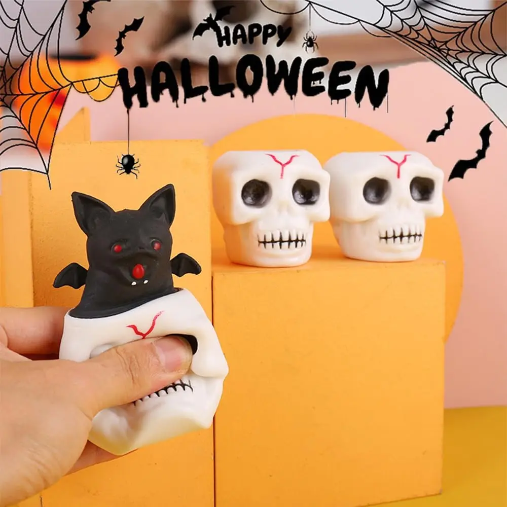 Spooky Squishy Squeeze Toys Halloween Skull Bat Squeeze Toys Stress Relief Squishy Demon Bats Pop It Fidget Toy for Kid & Adult
