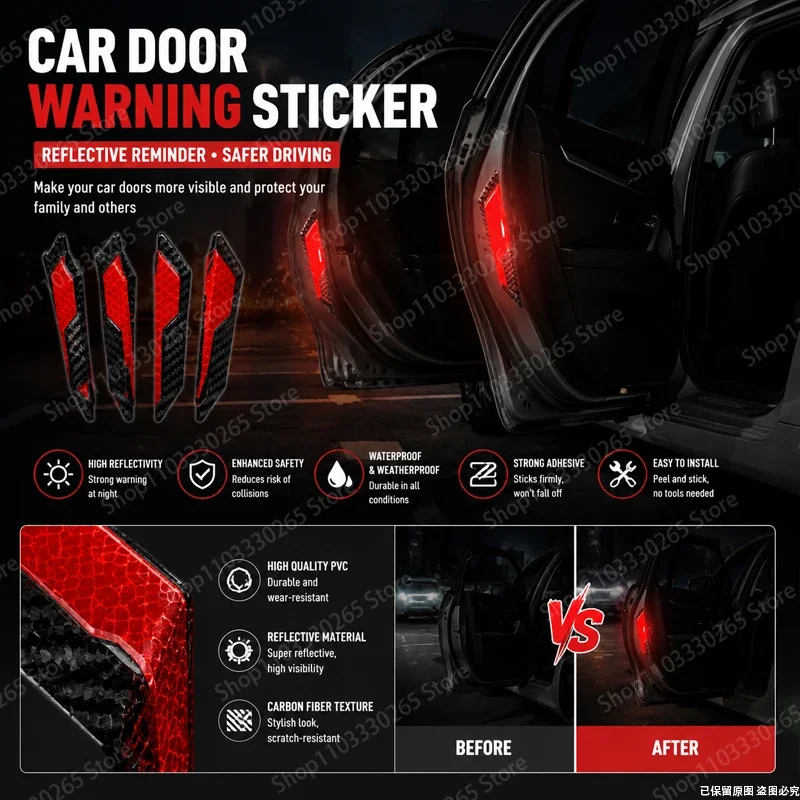 4Pcs Car Door Reflective Warning Stickers, Carbon Fiber Texture Safety Decals for Enhanced Night Visibility & Anti-Collision