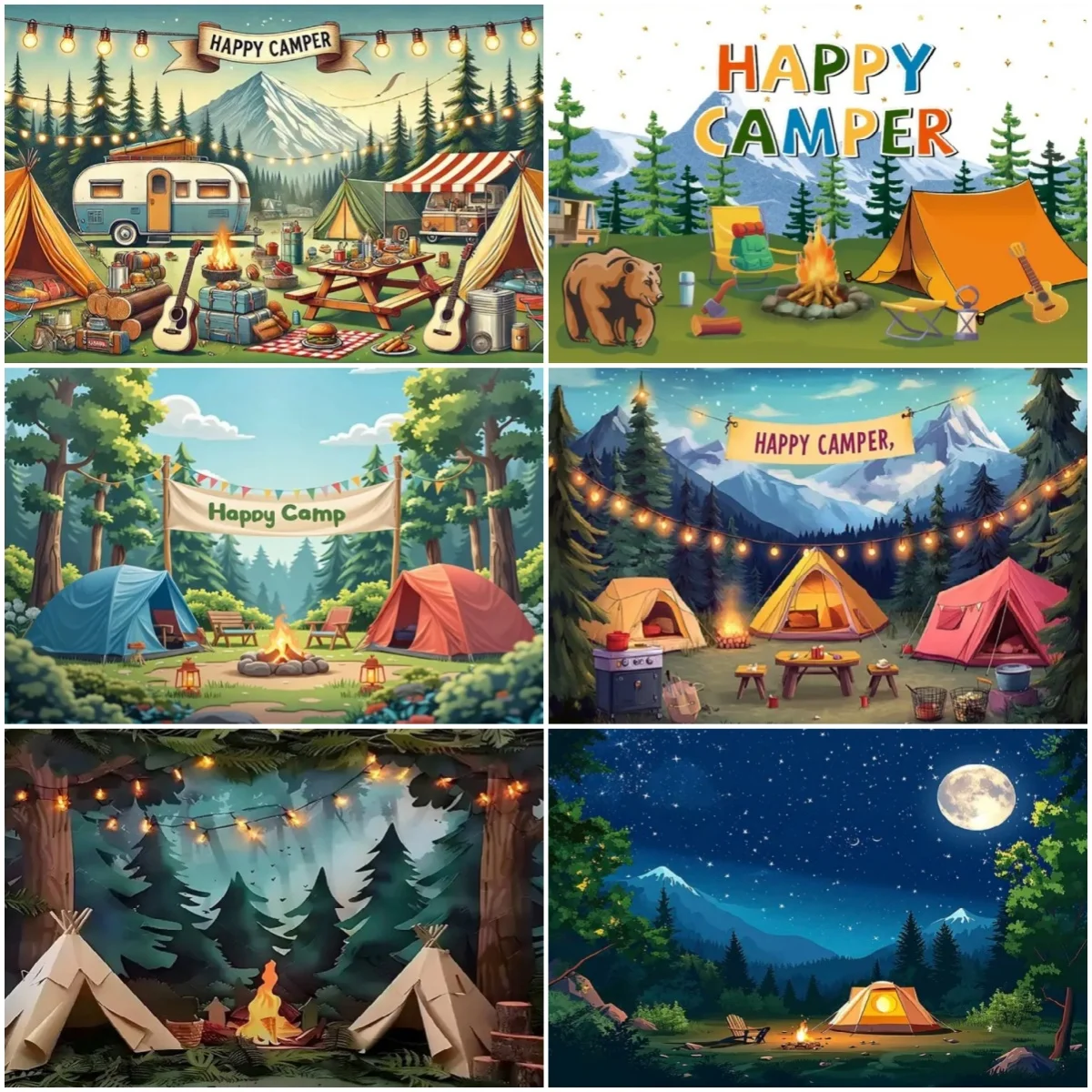 

Happy Camper Theme Background Jungle Camping party Decoration Backdrop Forest Mountain Hiking Portrait Photography‌ Prop Banner