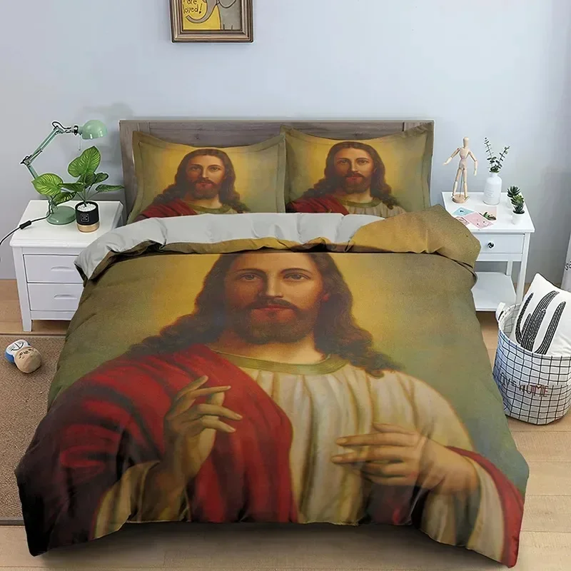 3D Jesus Duvet Cover Set Christian Sacred Jesus Polyester Bedding Set Cross Comforter Cover Suitable for Christian Jesus King