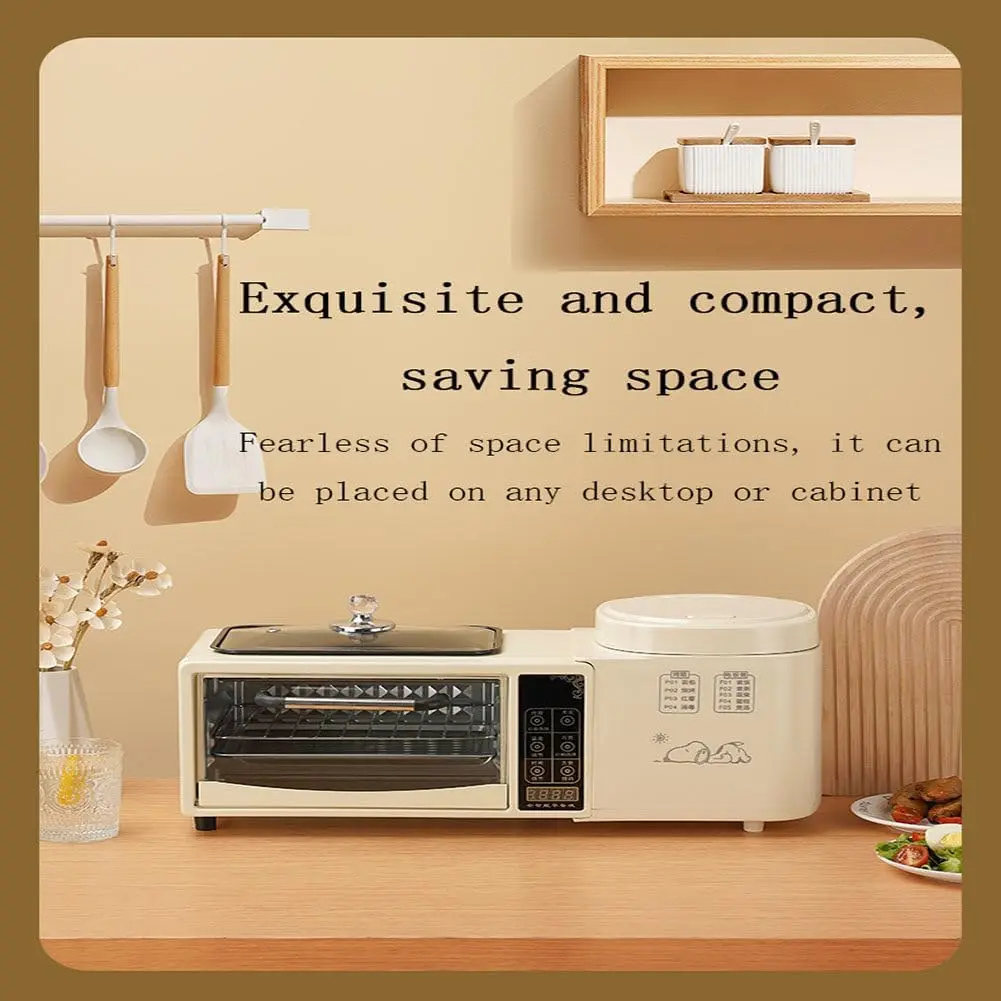 محطة الإفطار، ماكينة الإفطار متعددة الوظائف 4 في 1، مع وعاء طبخ سعة 1 لتر، مقلاة غير لاصقة، محمصة خبز كهربائية سعة 9 لتر للإفطار M