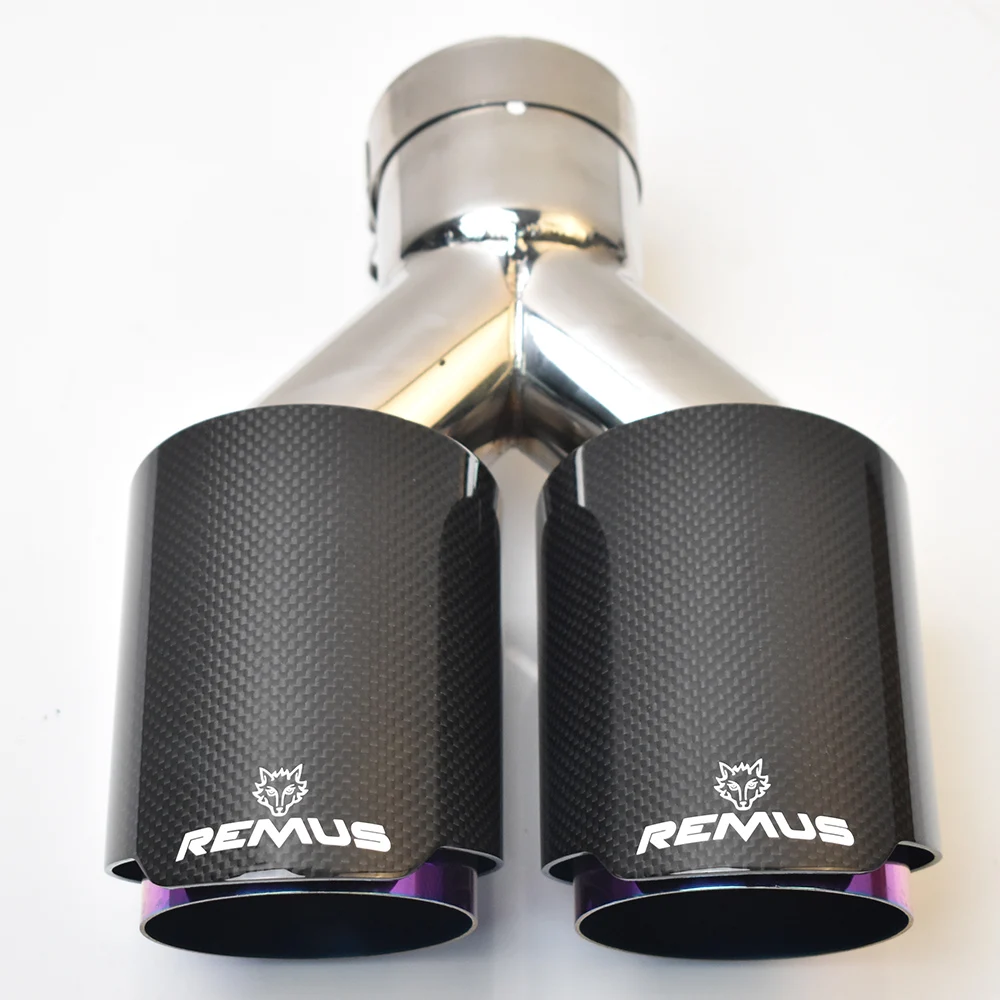 1PC Glossy Straight Carbon Stainless Steel Dual tip Equal Length Muffler Pipe End tail Middle Purple Exhaust Tip With Remu Logo