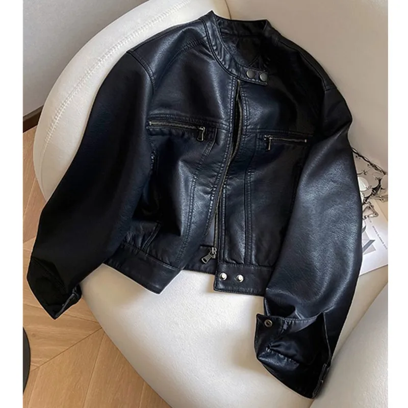 New Spring Autumn PU Leather Jacket Women Fashion Stand Collar Motorcycle Short Jackets Female Loose Leather Outwear Tide B1317