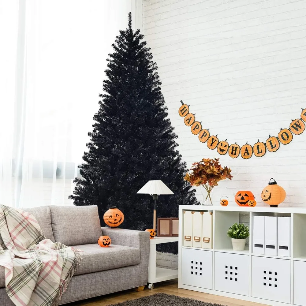 7.5FT Black Christmas Tree with Sturdy Metal Stand Unlit Halloween Tree with 1258 Branch Tips PVC Needles