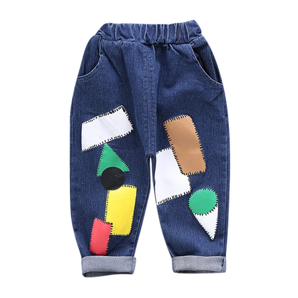 Fashionable Casual Spring And Summer 1-4Years Girls Boys Cartoon Cute Graphics Printed Denim Elastic Waist Long Trousers