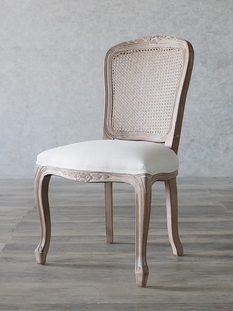Solid wood carving flower dining chair rattan mesh backrest leather cotton and linen soft bag seat cushion designer chair