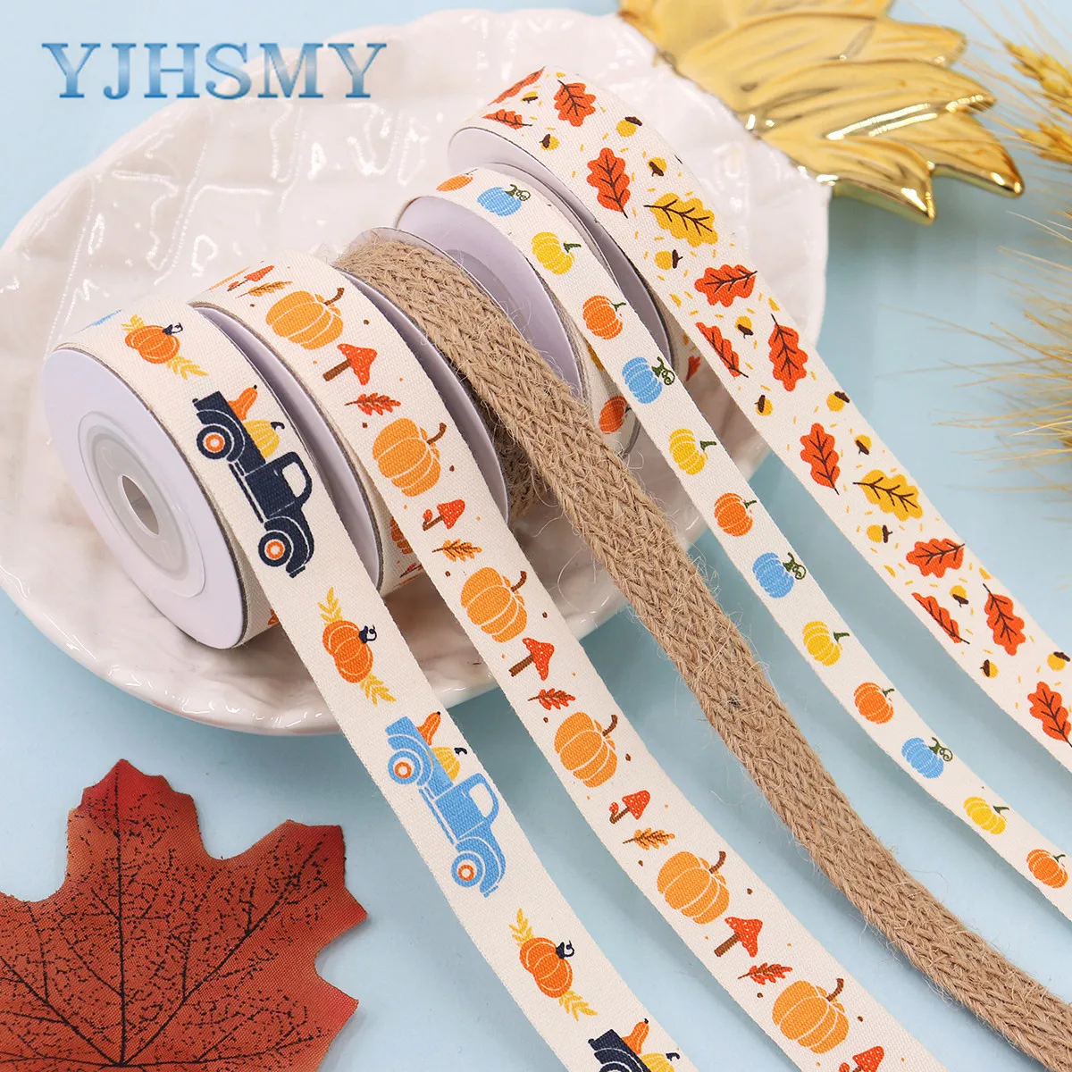 Thanksgiving Day Cotton Ribbon, Maple Leave, Pumpkin, Truck, Craft Ribbons for Autumn Thanksgiving DIY Craft Party Decoration