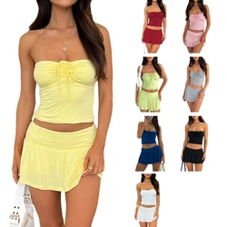 Women Summer Strapless Backless Halter Ruched Crop Top and Pleated Ruffle Mini Skirt Set Sexy Bodycon Solid Color Outfit