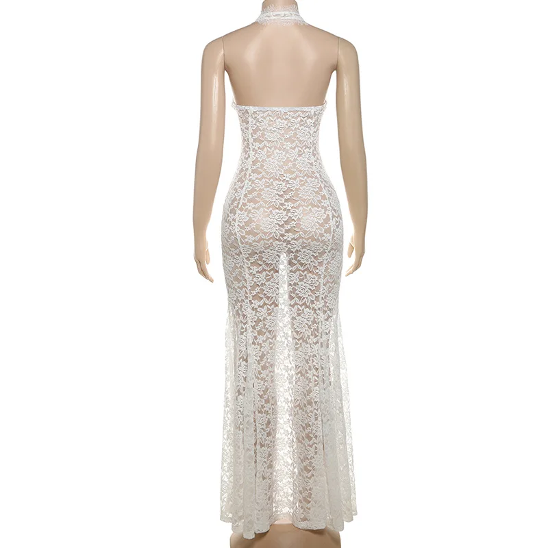 Vrouwen pure mesh mouwloze maxi-jurk coquette uitgesneden halter bodycon lange jurk dames feest strand backless jurk cover-up