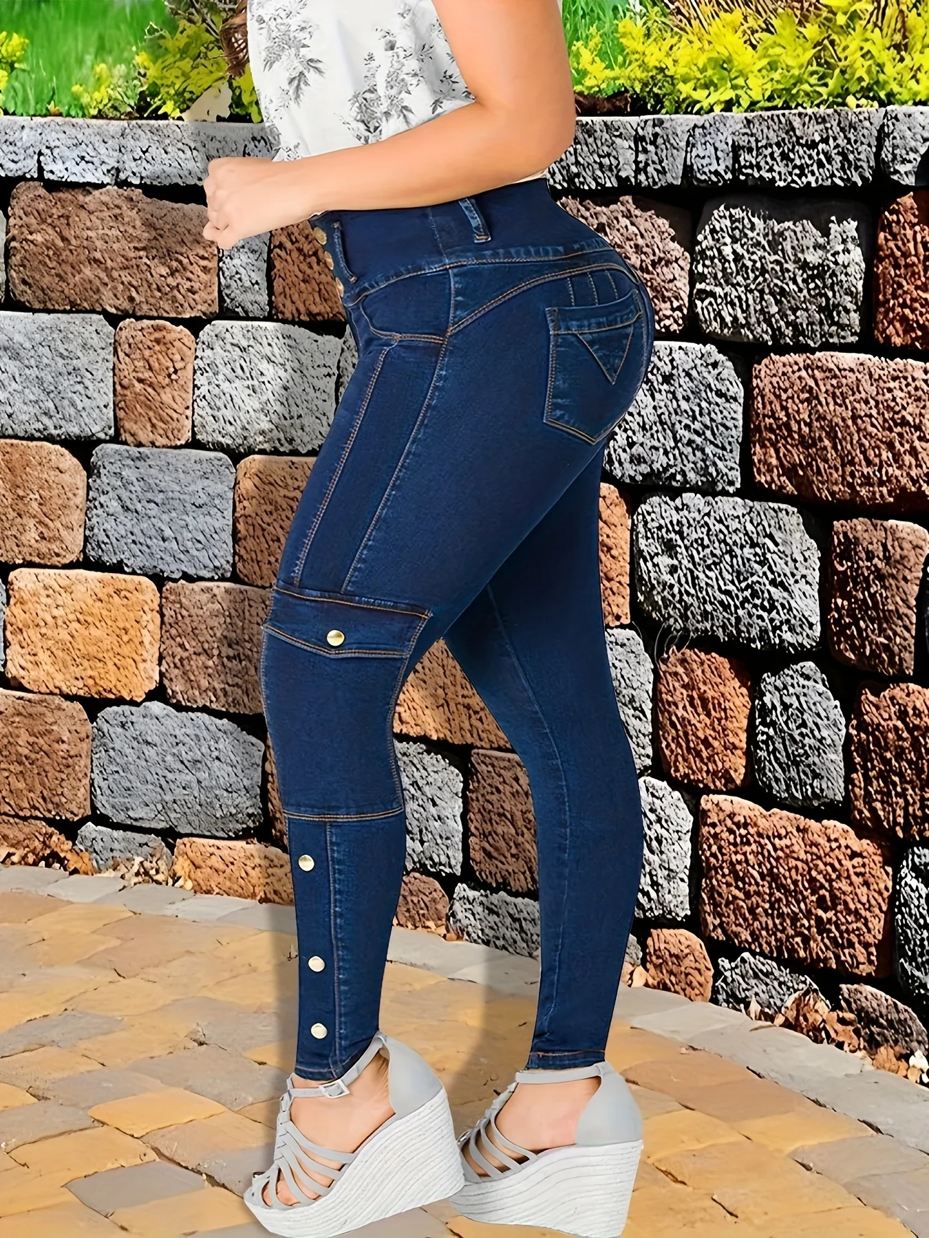 

Women's stretch fashionable mid waist deep blue slim fit small leg jeans, three button waistband, comfortable material