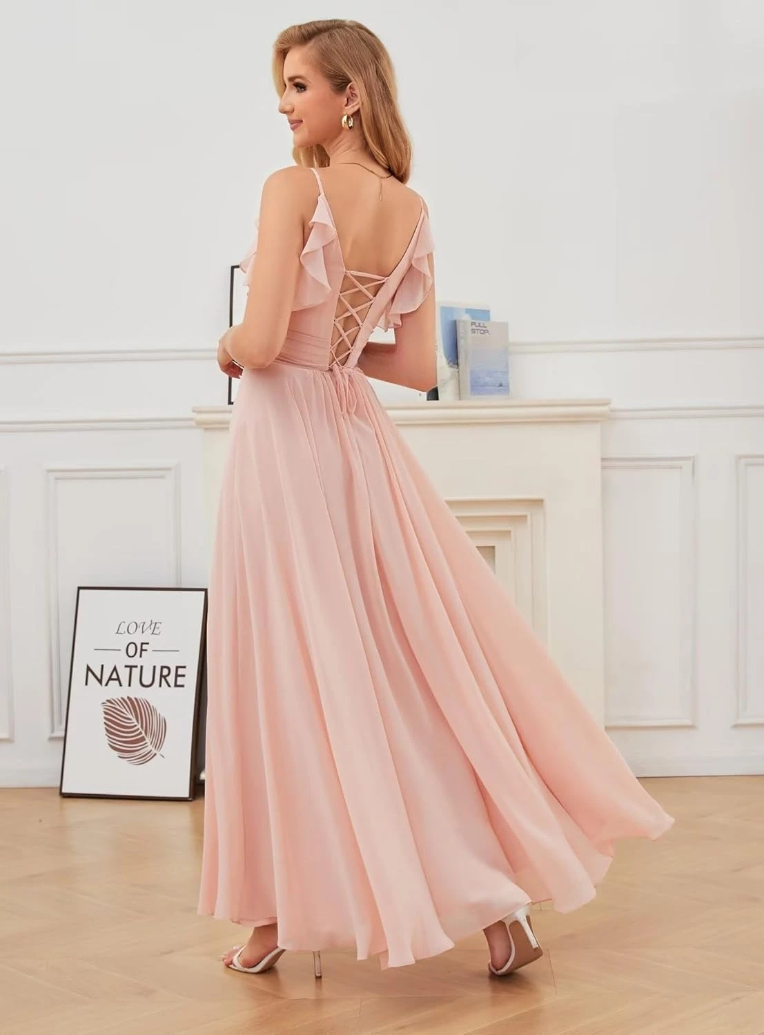 スパゲッティストラップ V ネックブライズメイドドレス 女性用 ロングフリル シフォン スパゲッティストラップ A ライン プリーツ フォーマルイブニングドレス