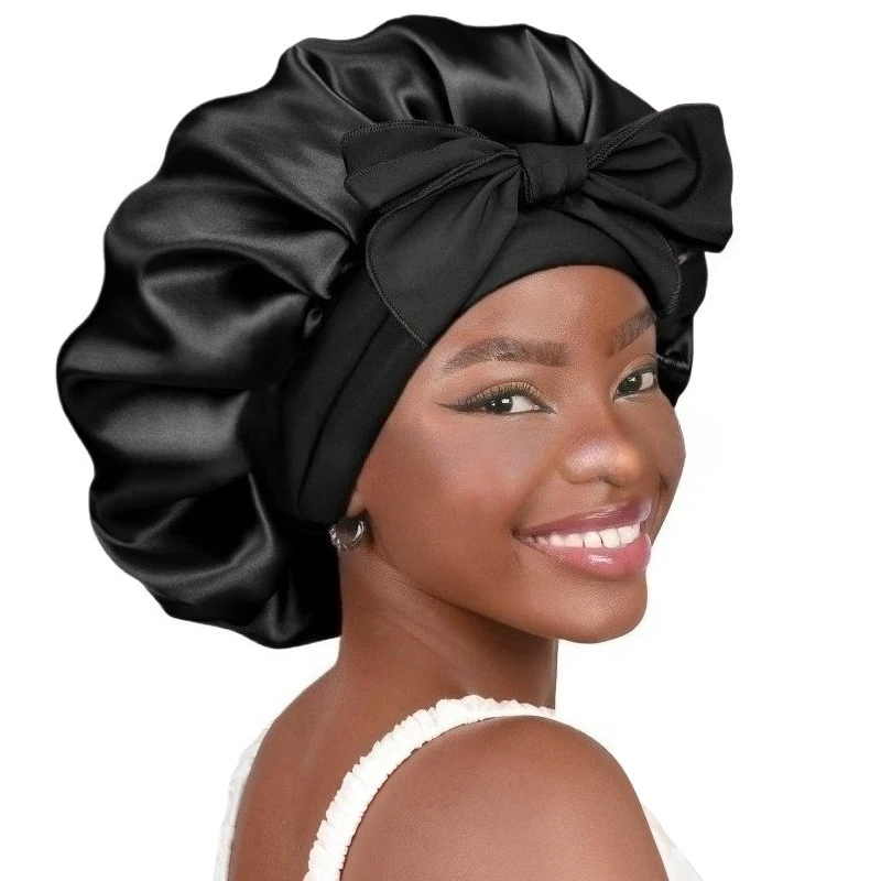 1pc Satin Silk Hair Bonnet Adjustable Tie Band Wide-brimmed Sleeping Bathing Hat Bonnet for Women Long Tail Protective Headwear