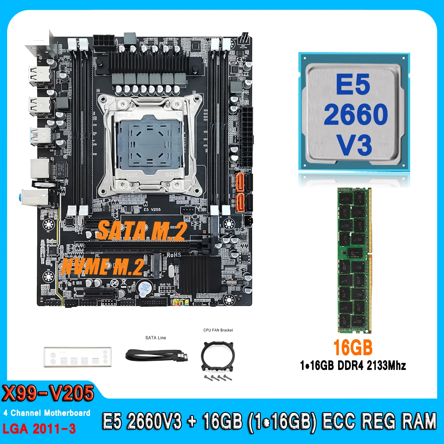 LGA 2011-3 XEON X99 Motherboard with Intel E5 2660 V3 with 16GB (1*16G) DDR4 Memory Combo Kit M.2 NVME E5 2660V3 Motherboard Set