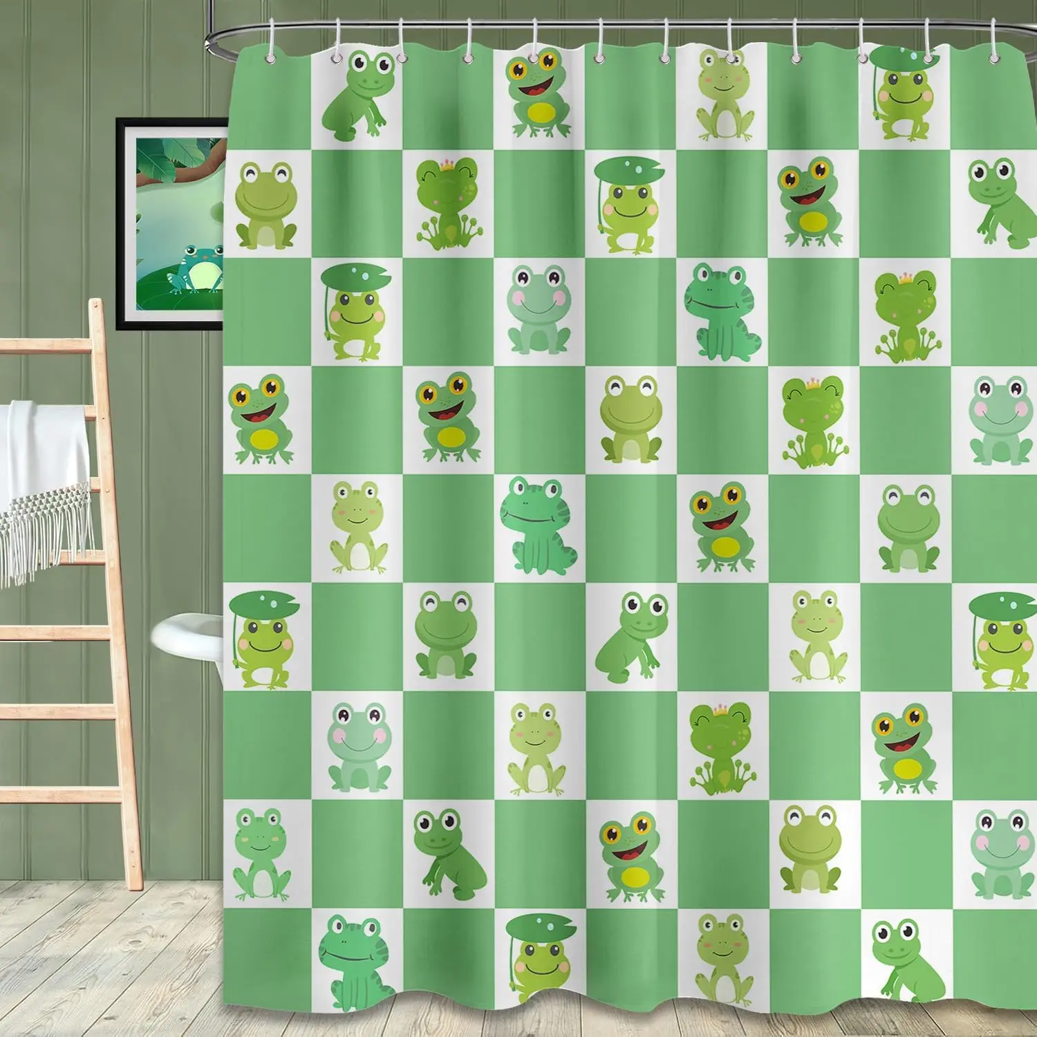 

Занавеска для душа с лягушкой для малышей, зеленая детская клетчатая милая мультяшная кавайная занавеска для ванной комнаты, водонепроницаемая ткань с крючками