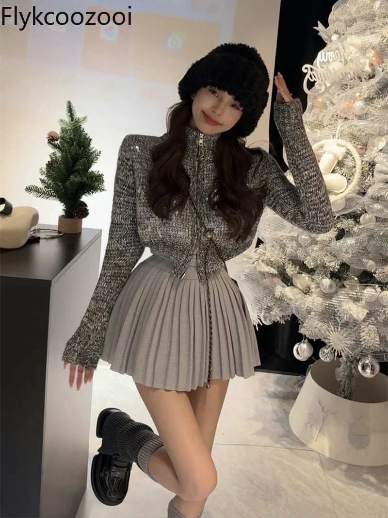 Women Autumn and Winter New Fashion Temperament Sequin Knit Sweater + High Waist Slimming Pleated Skirt Tweed Set