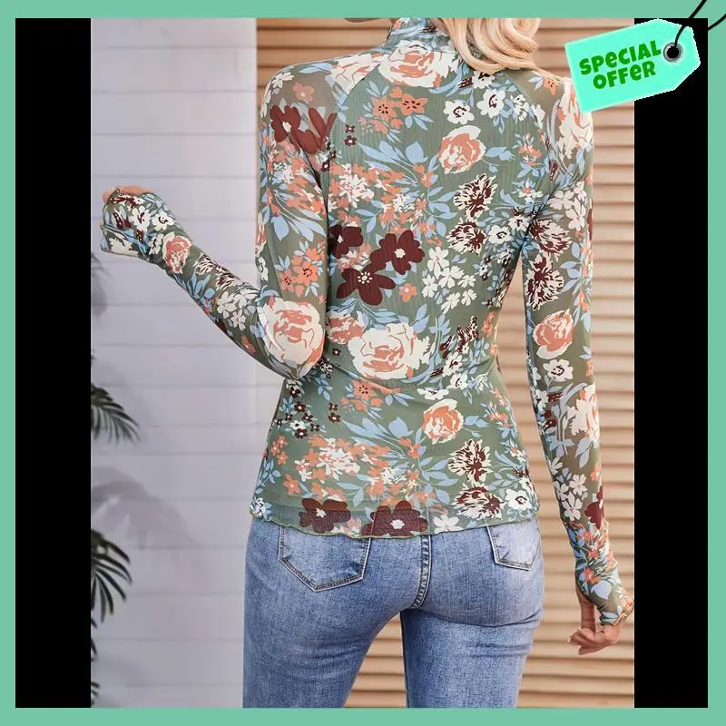 

Sturdy Ladies Lace Long Sleeve Floral Mesh Stand Collar Outing Top