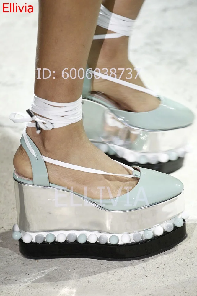 Women Open Toe Platform Wedge Sandals Buckle Strap Blue Bead Decor Thick Sole Fashion Runway Show Ladies Summer Dress Sandals