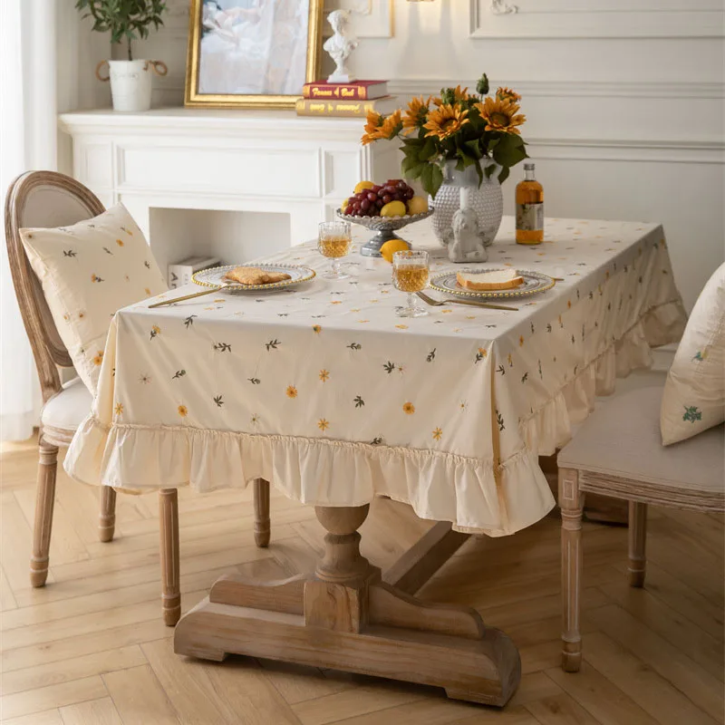 Luxury 100% Cotton Floral Embroidered Tablecloth Soft Ruffled Coffee Table Cover for Living Room Dust-Proof Easy-Care Desk Mat