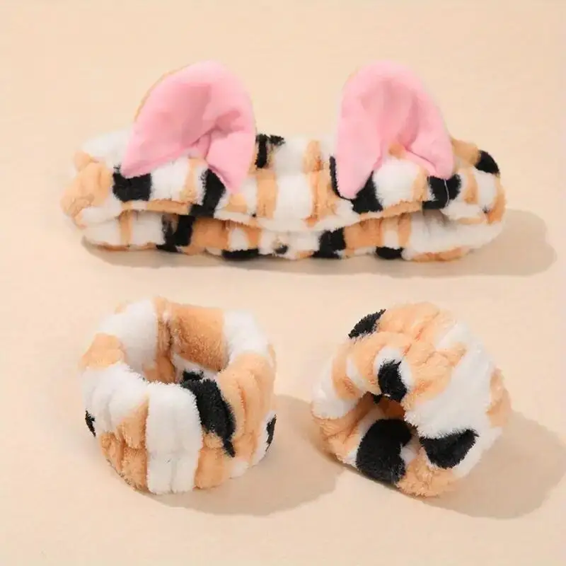 3pcs/set Cute Cat Ear Leopard Print Plush Headband For Women Girls Spa Washing Face and Makeup Headband Elastic Wrist Strap image 2