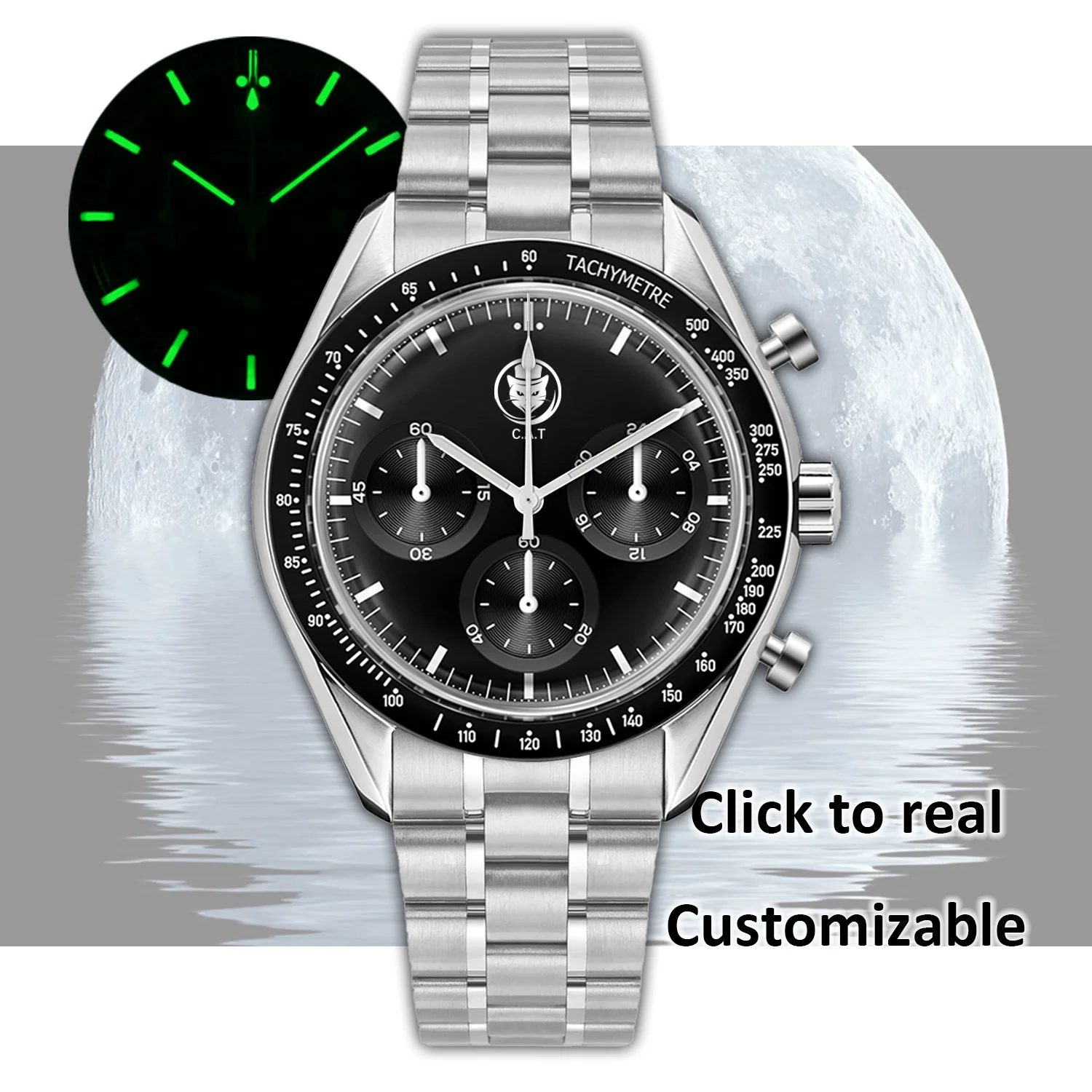 VK63 Хронограф Луна Часы Роскошные Деловые Светящиеся Нержавеющая сталь Водонепроницаемые Настраиваемые Мужские Часы C.A.T Часы WWQ0012