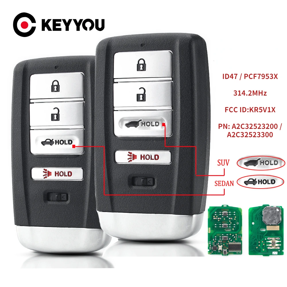 KEYYOU KR5V1X 313.8MHz ID47 Smart Remote Control Car Key 4 Button Fob for Acura MDX RLX ILX TLX 2014-2020