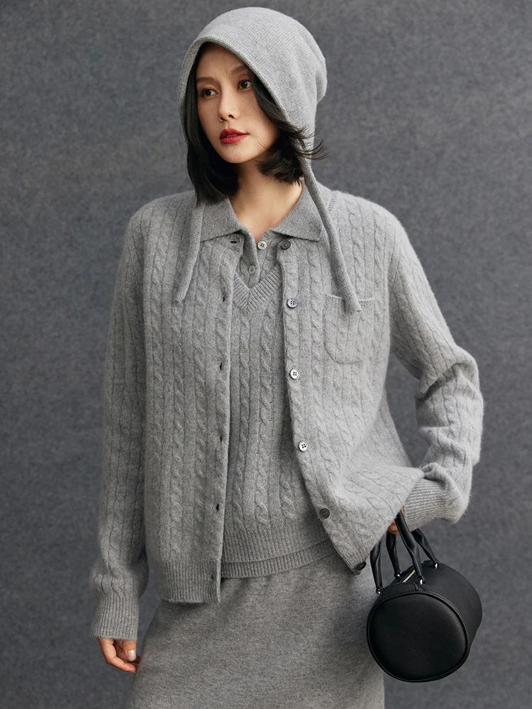 

CHICUU женский кашемировый свитер в консервативном стиле, комплект вязаного кардигана, жилет, пуловер-поло, осенне-зимний кашемировый трикотаж, костюм