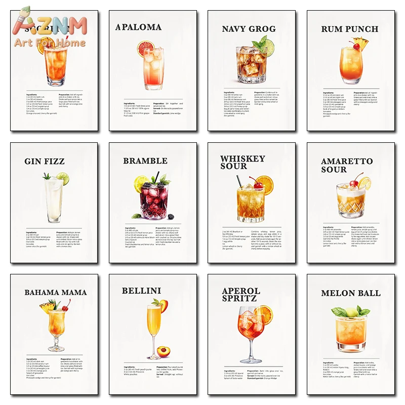 AZNM Classic Cocktail Recipe Canvas Wall Art, Bar Cart Decor Print, Minimalist Cocktail Poster