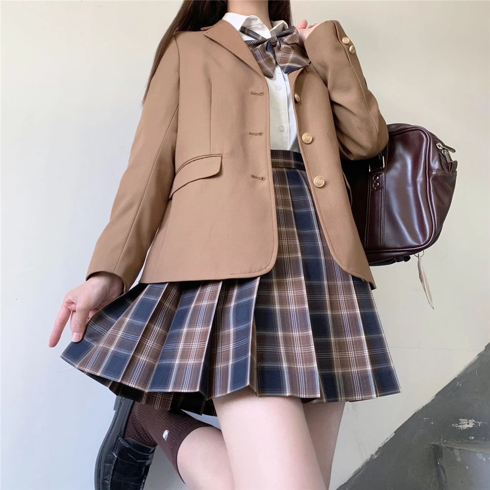 Women Students Spring Autumn New Casual Blazers Brown Japanese Long Sleeve Suit Jacket Coat Buttons High School DK JK Uniform