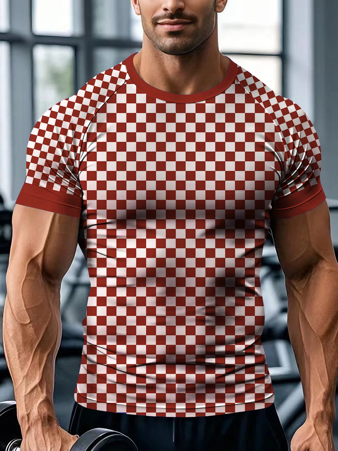 

Checkered Round-neck Top Summer Men's Protective Short-sleeved Polyester Fiber Breathable Quick-drying Fashionable Fitness Wear