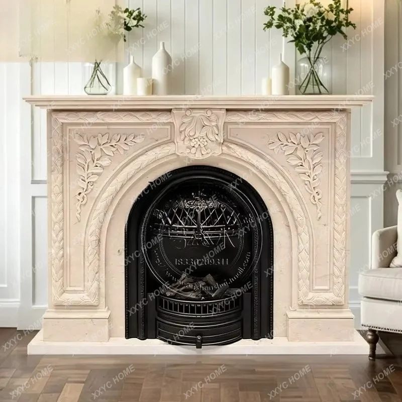 XXNatural large-flower white stone carving fireplace  light luxury marble mantel  retro, ornament