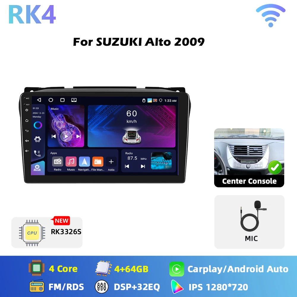 Podofo 8-core Qualcomm Snapdragon 460 Android autoradio voor SUZUKI Alto 2009 met Carplay, Android Auto, GPS, FM, WiFi, RDS, 2-din autoradio - afbeelding 1