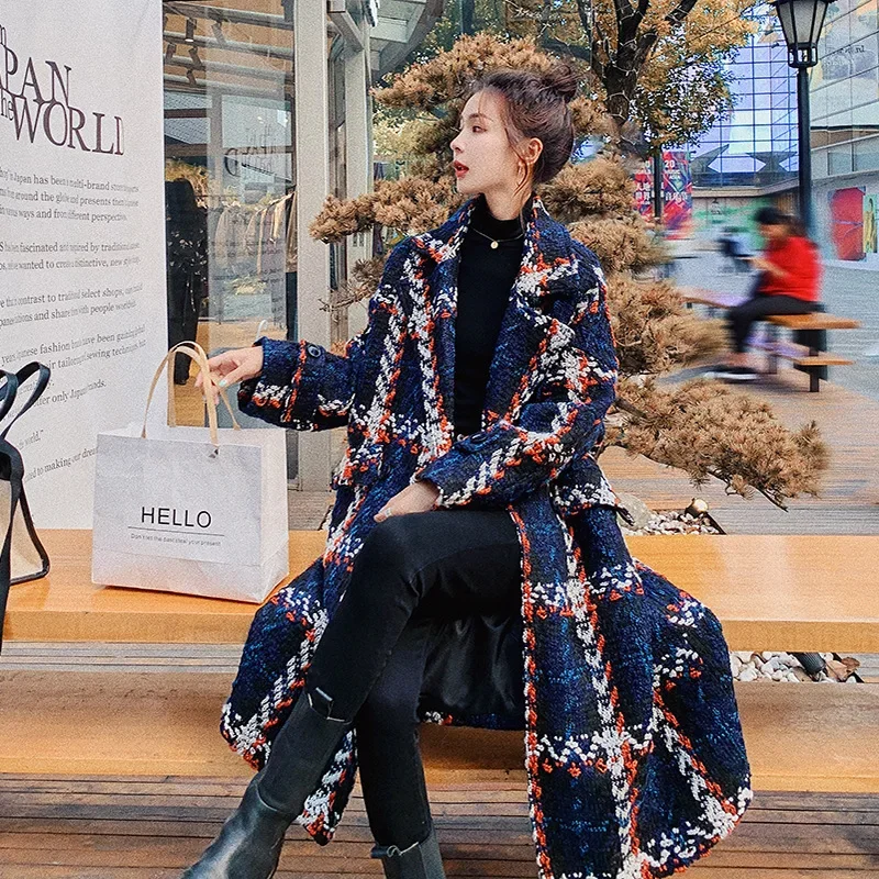 Plaid Woolen Overcoat Women Clothing Mid-length 2024 Winter New Loose Jacket Thick Warm Top Tweed Outwear Lady Long-sleeved Coat