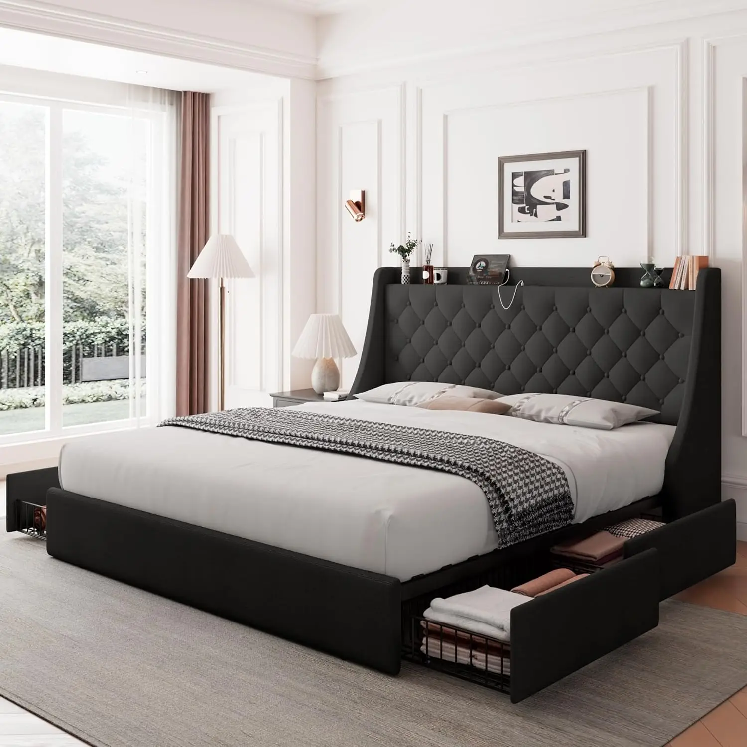 Feonase Upholstered Queen Bed Frame with 4 Storage Drawers, Charging Station, Large Wingback Headboard, No Box Spring Needed