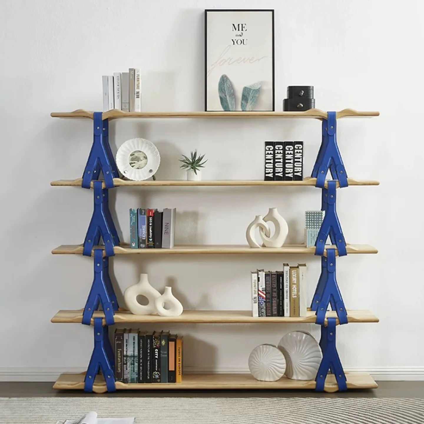 Italian light luxury solid wood bookshelf, floor-to-ceiling creative  decorative shelf, multi-layer leather storage