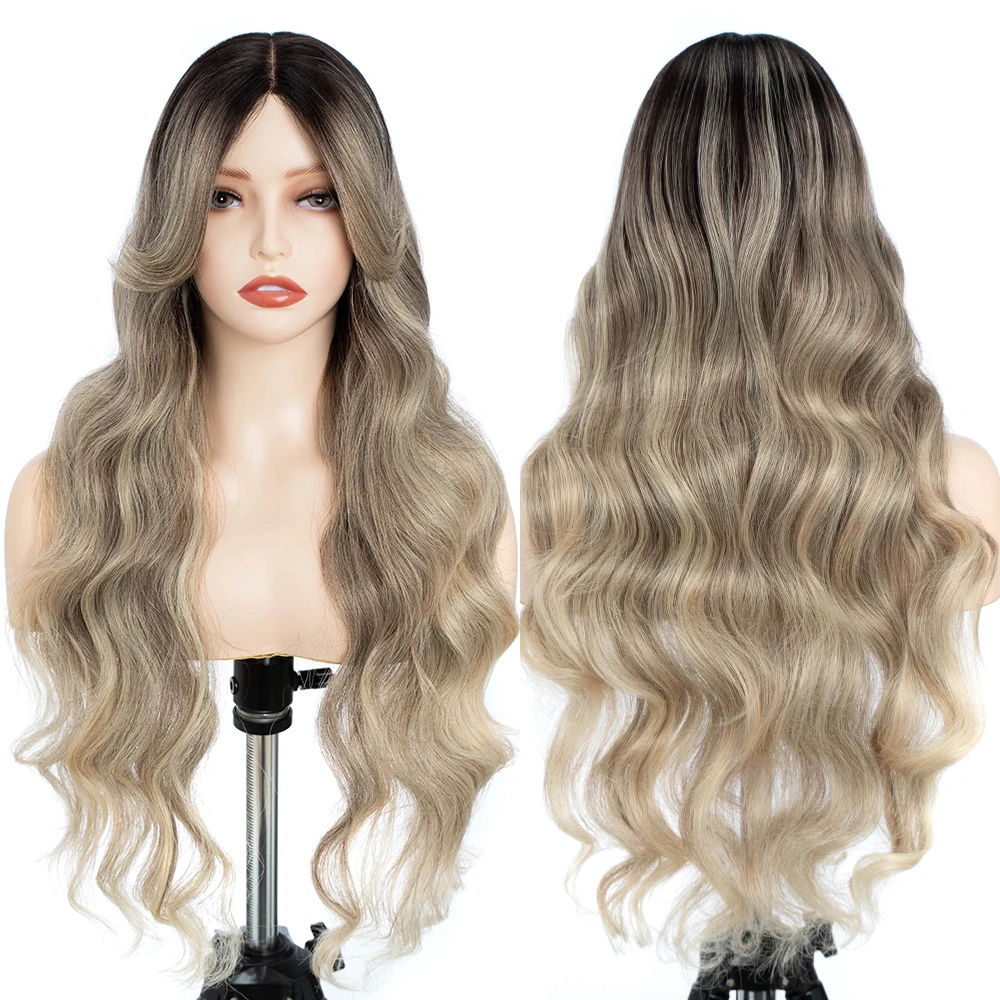 Synthetic Lace Wig Water Wave  28 Inch Brown Blonde Wig with Bang Lace Wig Ombre Blonde Cosplay Wigs For Women Lace Front Wig