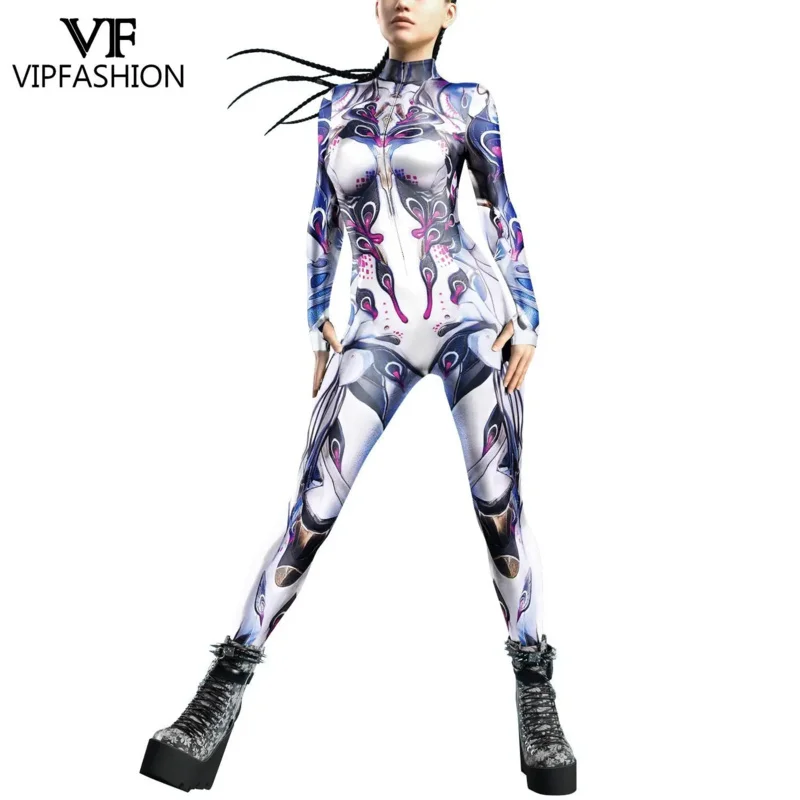 Vipfashion punk print costume for women front zipper Carnival party zentai bodysuit female robot catsuit Purim cosplay clothes