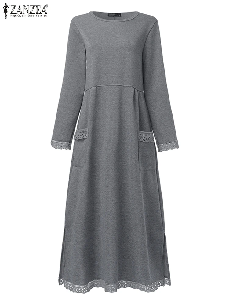 2025 ZANZEA femmes automne à manches longues chaud polaire Robe d'été hiver sweat Robe col rond dentelle Patchwork Maxi robes Robe Femme