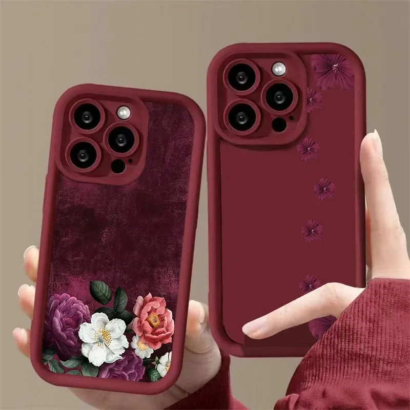 Weinrote Blumenmuster Silikon-Handyhülle für iPhone 17 15 16 14 Plus 13 12 11 Pro Max 17 Air Stoßfeste Silikon-Handyabdeckung