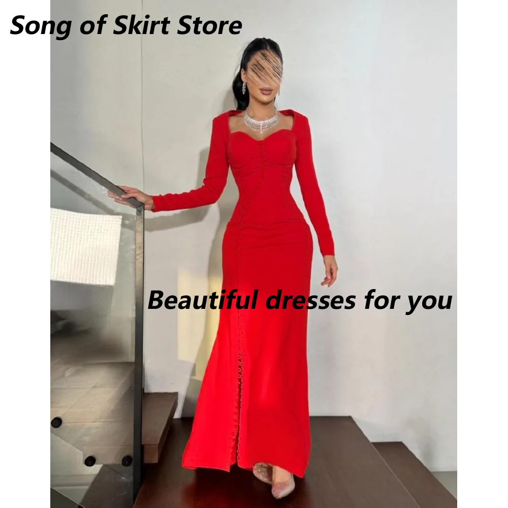 

Red Evening Dress Customized Long Sleeves Sweetheart Buttons Jersey Mermaid Evening Dress Saudi Arab Formal Occasion Gown