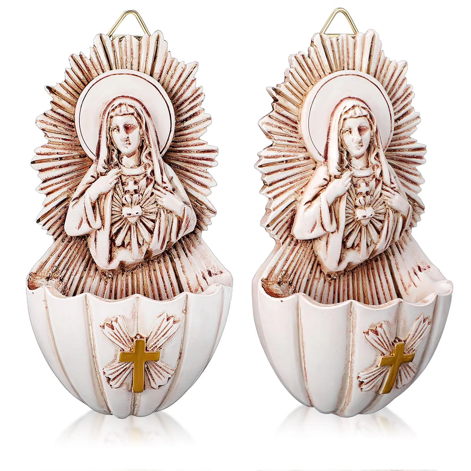 2Pcs Resin Holy Water Font Wall Hanging Decor for Home Church Living Room Entrance Faith-Based Tranquil Sacred Space Enhancer