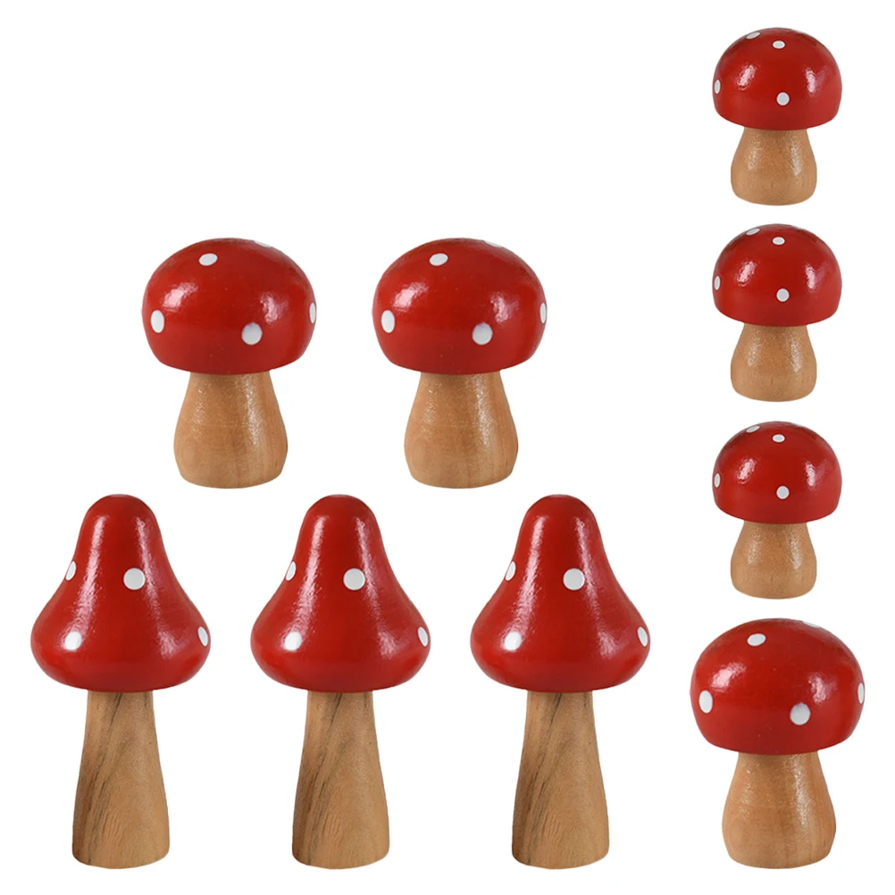 

9 Pcs Mini Mushroom Adornment High Quality Wood Craft DIY Decor Red Figurine Statue Suitable for Flowerpot Windowsills